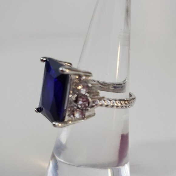 Silver Blue rhinestones Cocktail Ring size 6 - Picture 6 of 8